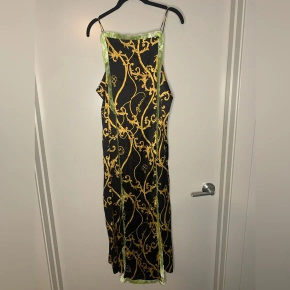 NWT Ganni Black Panel Ruffle Slip Dress, 36, green trim gold chain print - Picture 8 of 12